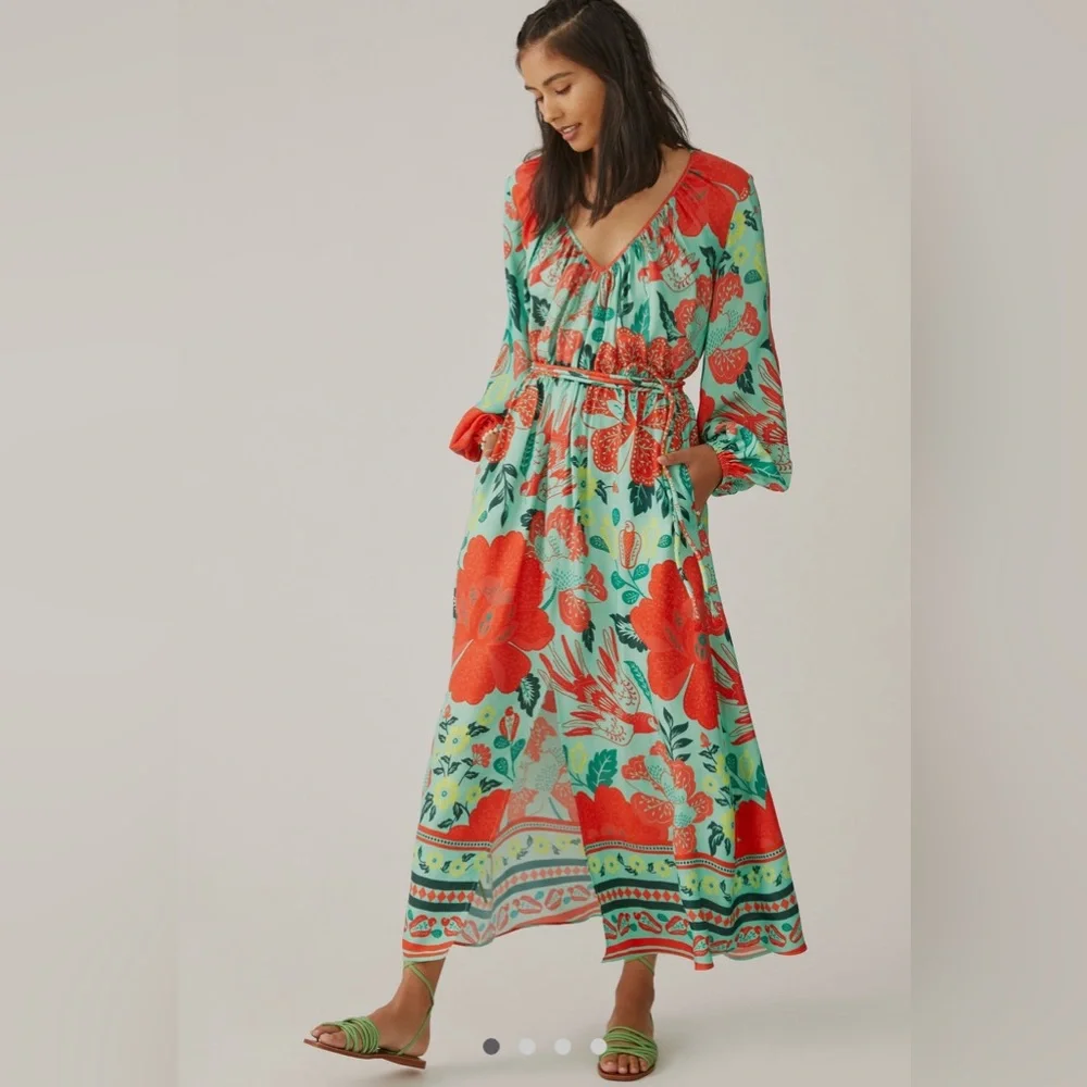 Farm Rio x Anthropologie Poppy Print Maxi Dress M - Picture 1 of 12